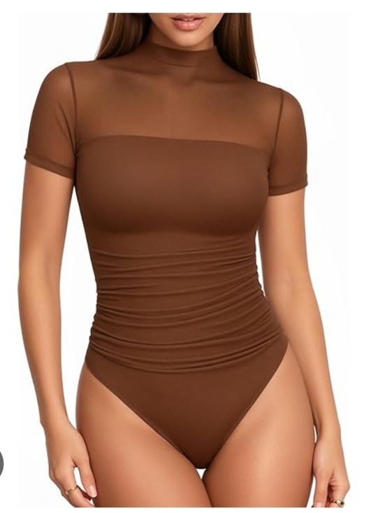 Avidlove Tops - AVIDLOVE BROWN Short Mesh-Top Bodysuit in Brown Skims Shapewear Y2K Festival